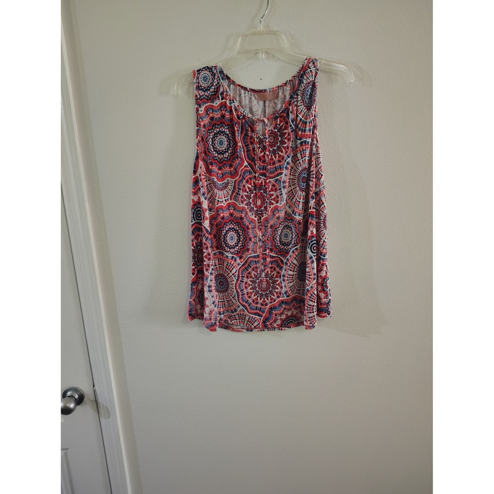 Amana Women Red White Blue‎ Mandala Print Sleeveless Tie Neck Top Plus Size 1X
